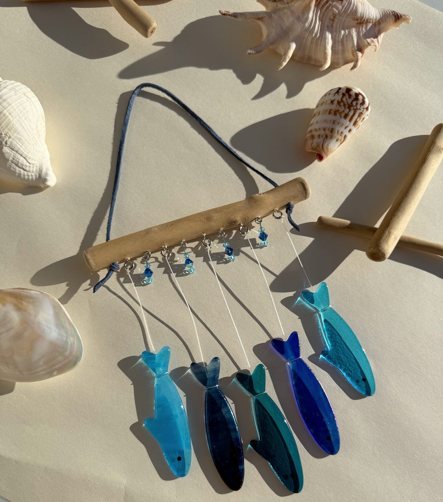 Stained Glass Sardine Wind Chime Coastal Sun Catcher, Handmade Glass Hanging Art, Ocean Blue