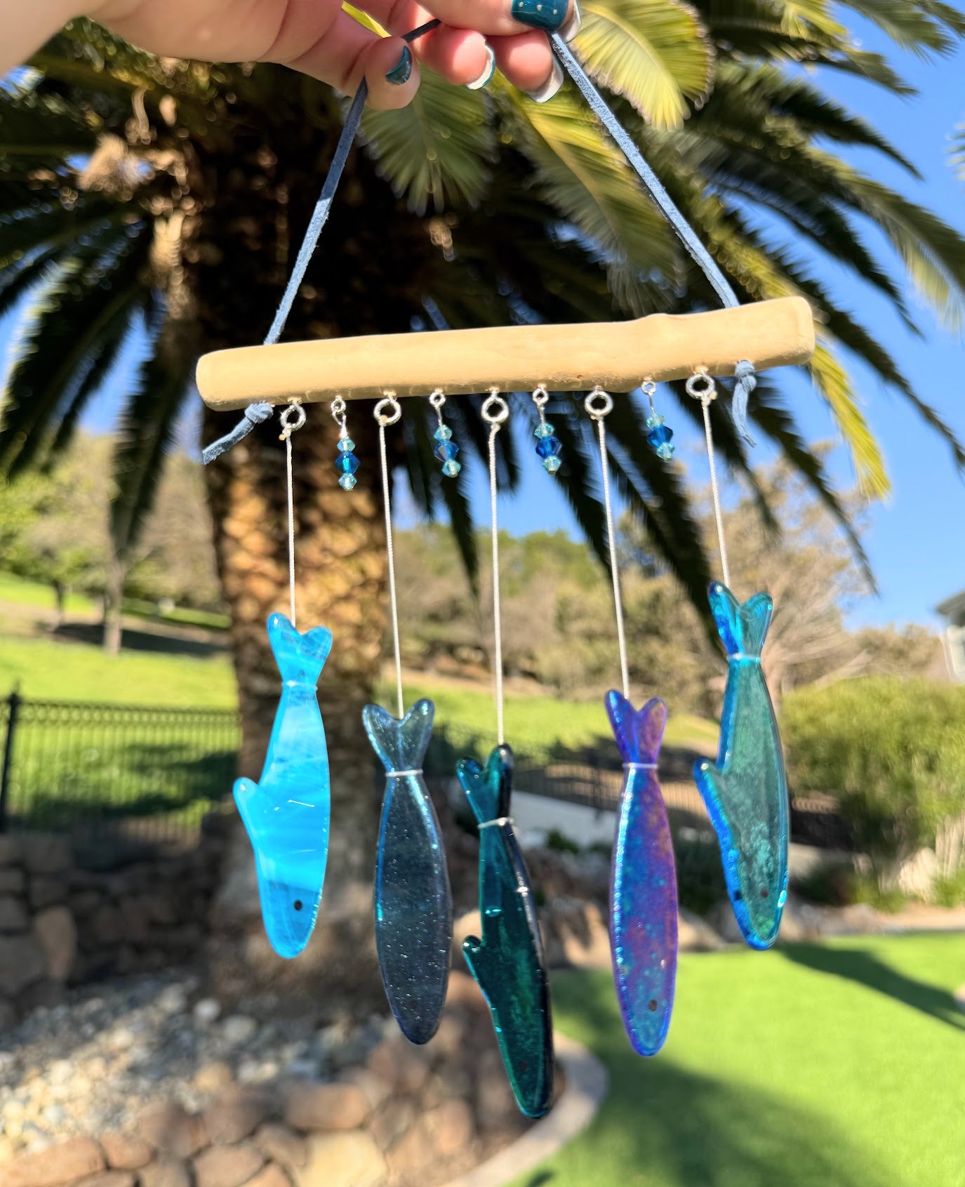 Stained Glass Sardine Wind Chime Coastal Sun Catcher, Handmade Glass Hanging Art, Ocean Blue