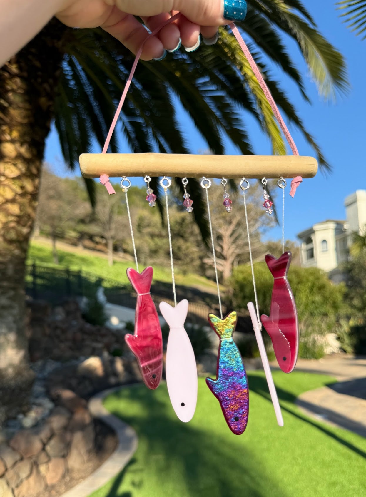 Stained Glass Sardine Wind Chime Coastal Sun Catcher, Handmade Glass Hanging Art, Sunrise Pink