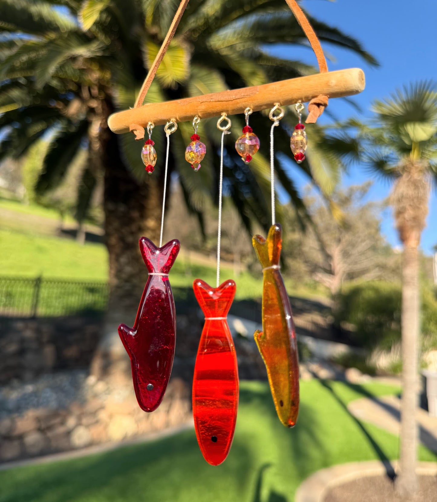 Stained Glass Sardine Wind Chime Coastal Sun Catcher, Handmade Glass Hanging Art, Sunset Red