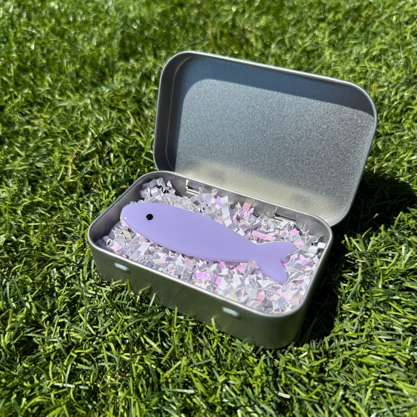Handmade Stained Glass Sardine Hair Clip with Metal Tin! Choose 1 Single Sardine!