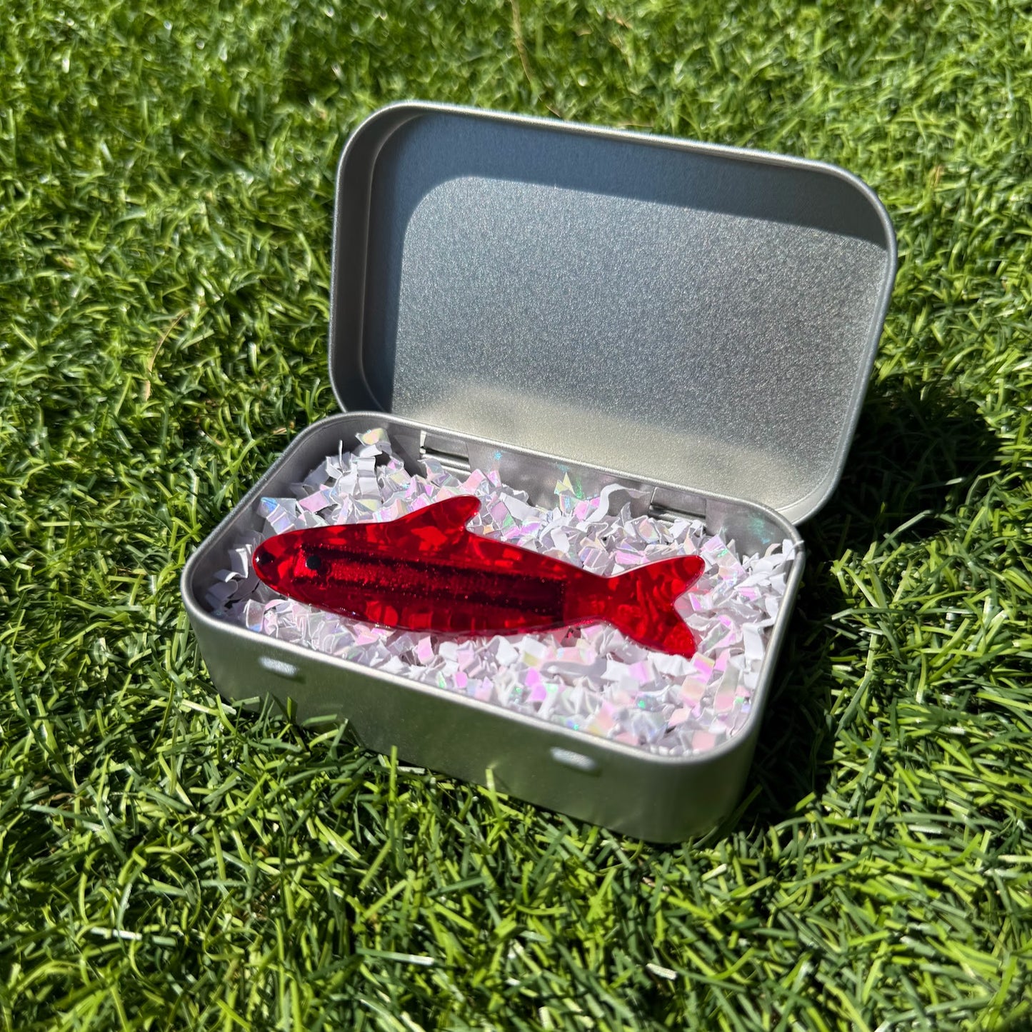Handmade Stained Glass Sardine Hair Clip with Metal Tin! Choose 1 Single Sardine!