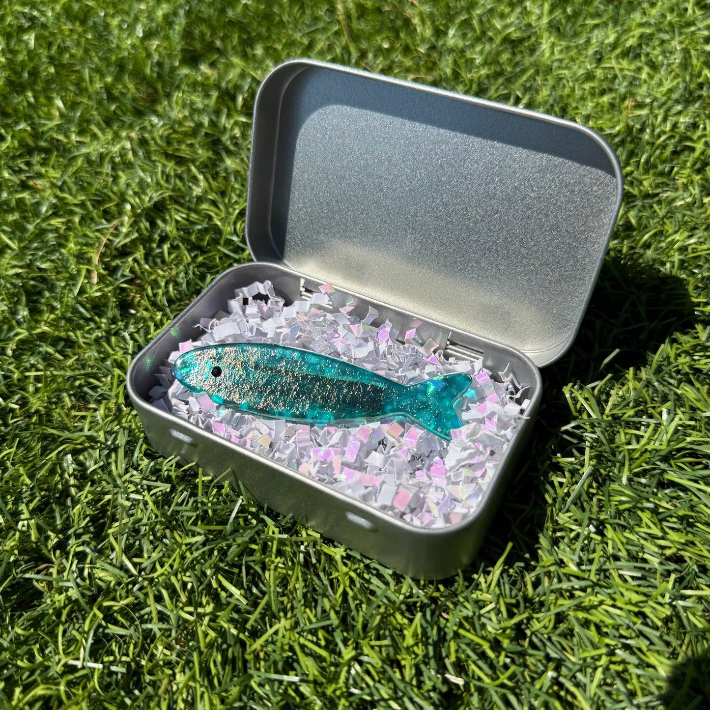 Handmade Stained Glass Sardine Hair Clip with Metal Tin! Choose 1 Single Sardine!