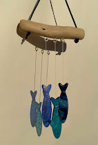 One of One! Stained Glass Sardine Wind Chime Coastal Sun Catcher, Handmade Glass Hanging Art, Deep Blue