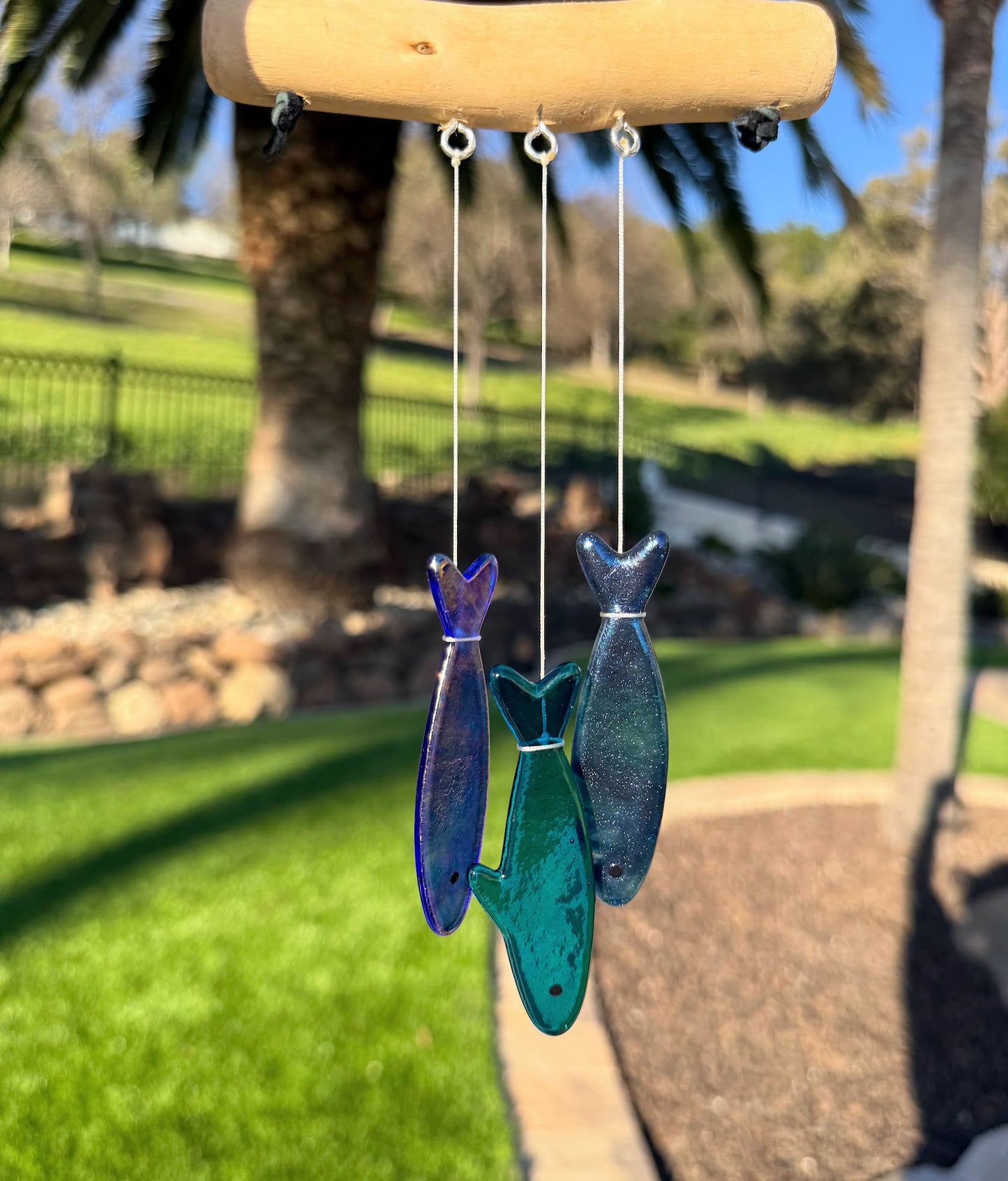 One of One! Stained Glass Sardine Wind Chime Coastal Sun Catcher, Handmade Glass Hanging Art, Deep Blue