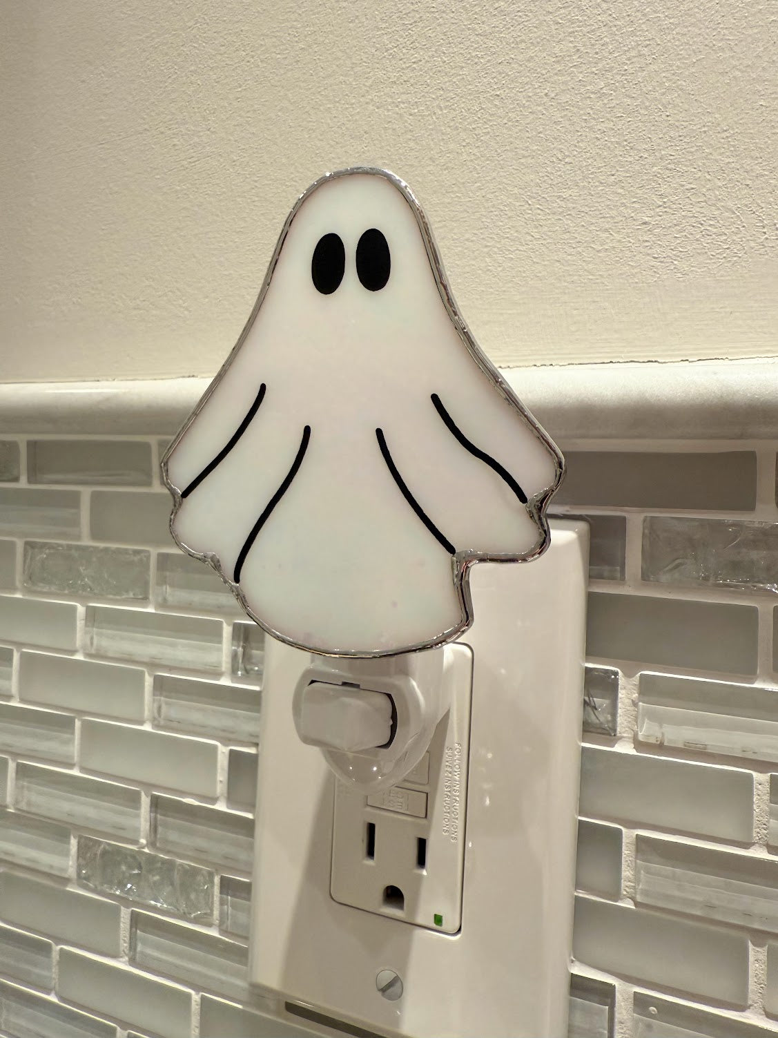Stained Glass Ghost Night Light! Choose between White or Flickering Orange Light! So cute! Made with Pearly White Stained Glass!