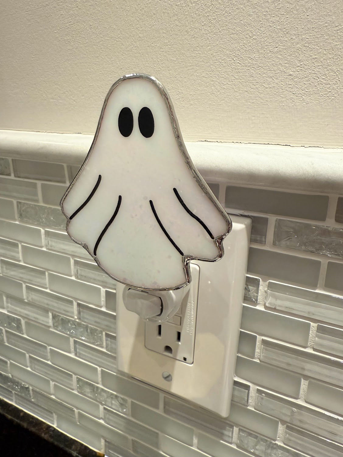 Stained Glass Ghost Night Light! Choose between White or Flickering Orange Light! So cute! Made with Pearly White Stained Glass!