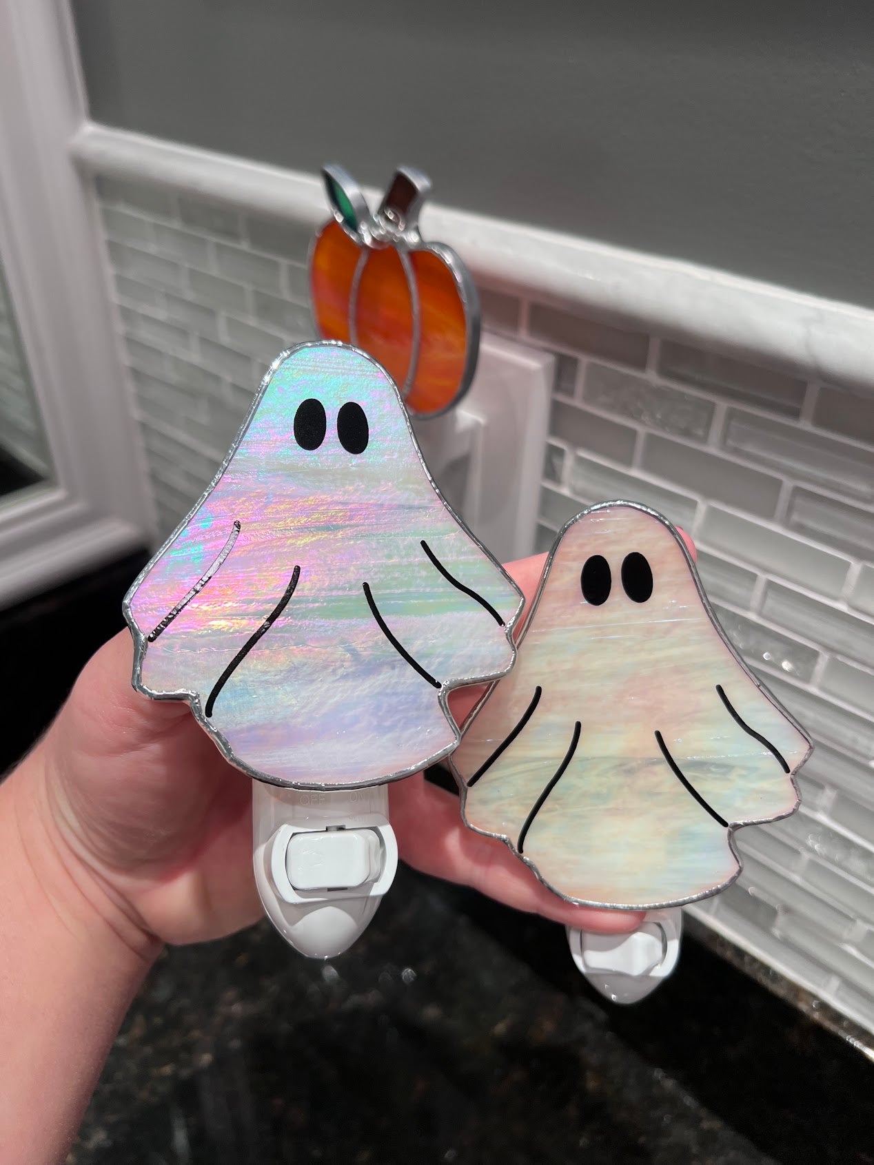 Stained Glass Ghost Night Light! Choose between White or Flickering Orange Light! So cute! Made with Pearly White Stained Glass!