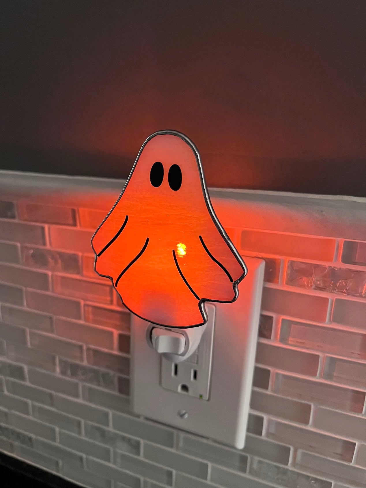 Stained Glass Ghost Night Light! Choose between White or Flickering Orange Light! So cute! Made with Pearly White Stained Glass!