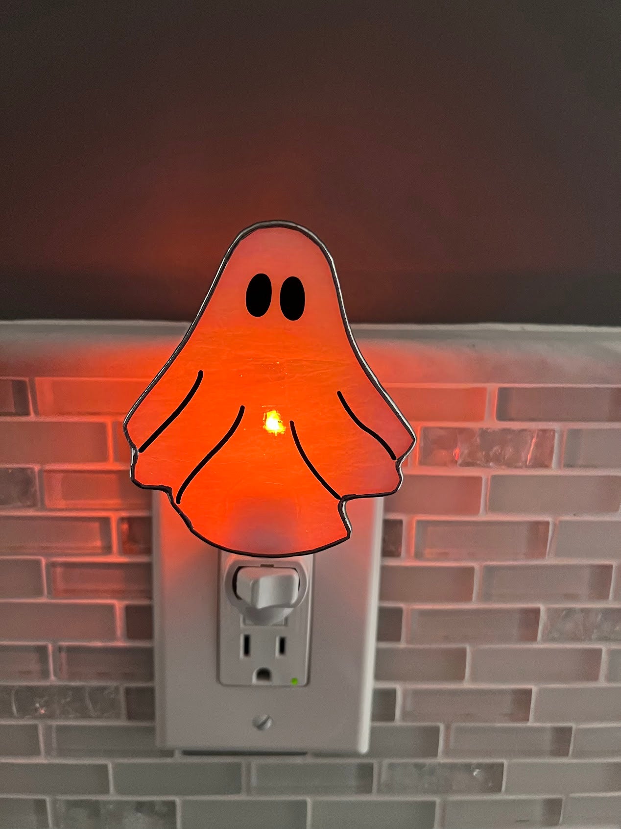 Stained Glass Ghost Night Light! Choose between White or Flickering Orange Light! So cute! Made with Pearly White Stained Glass!