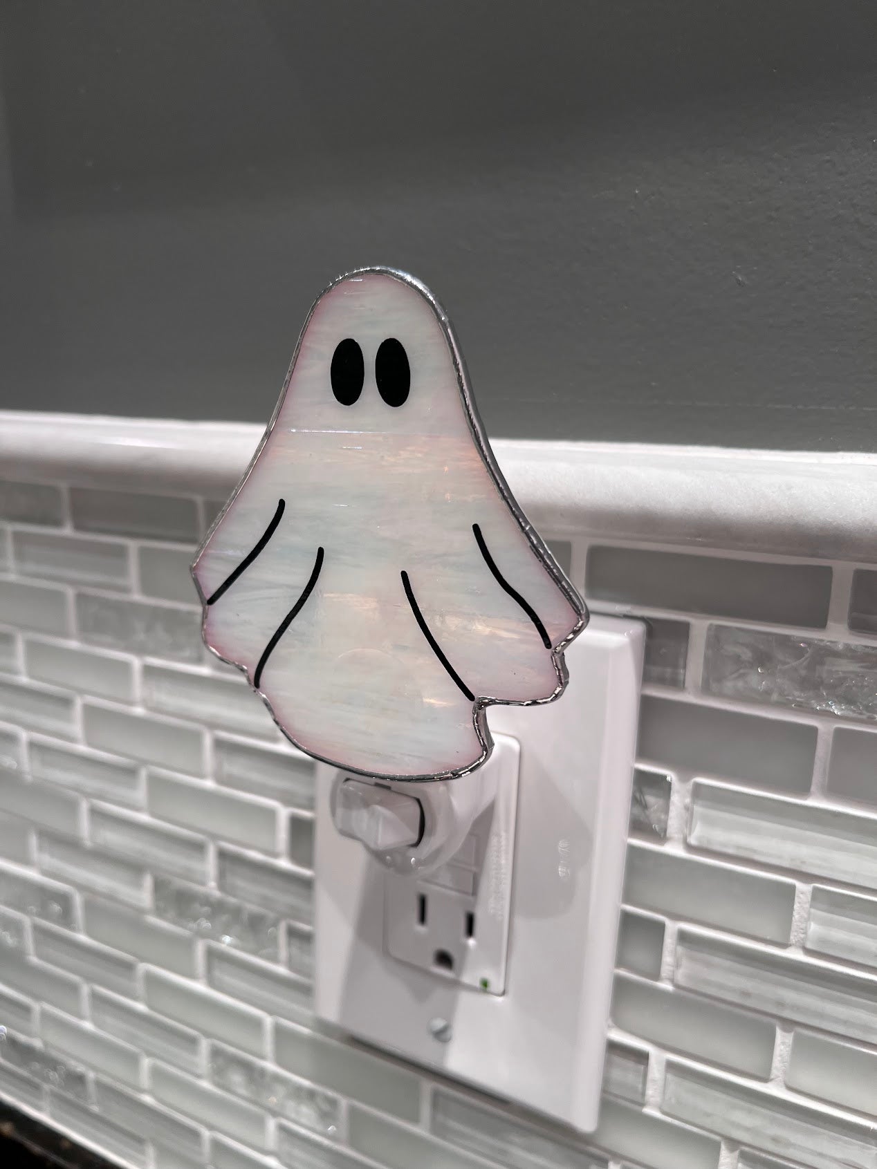 Stained Glass Ghost Night Light! Choose between White or Flickering Orange Light! So cute! Made with Pearly White Stained Glass!