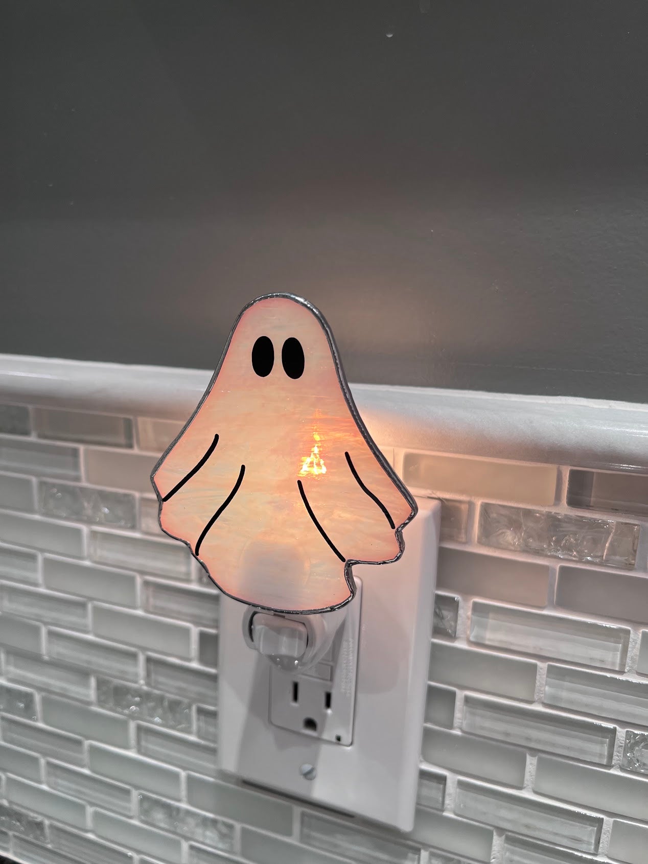 Stained Glass Ghost Night Light! Choose between White or Flickering Orange Light! So cute! Made with Pearly White Stained Glass!