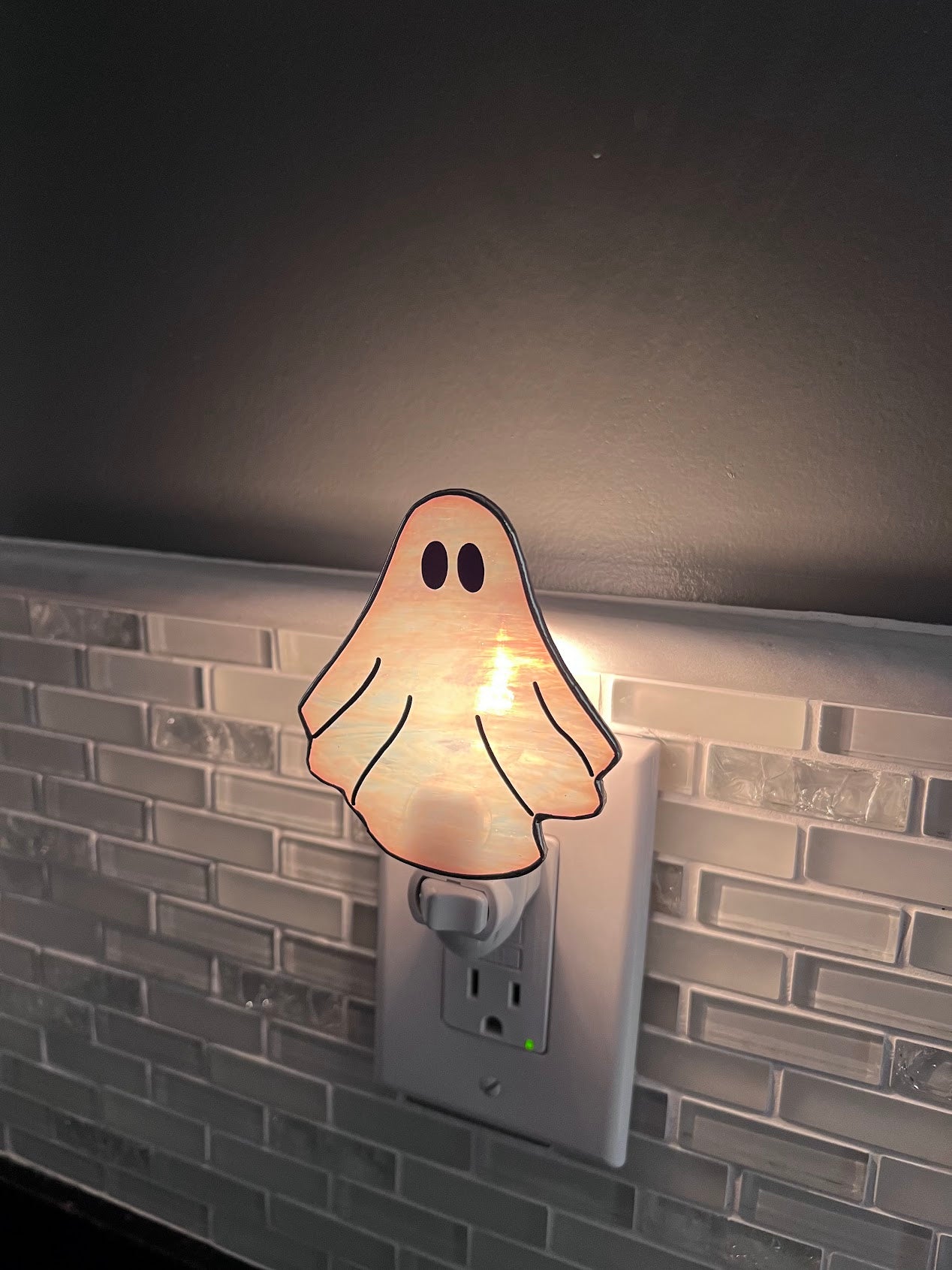 Stained Glass Ghost Night Light! Choose between White or Flickering Orange Light! So cute! Made with Pearly White Stained Glass!