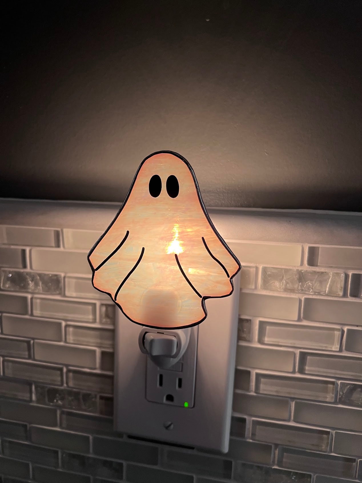 Stained Glass Ghost Night Light! Choose between White or Flickering Orange Light! So cute! Made with Pearly White Stained Glass!