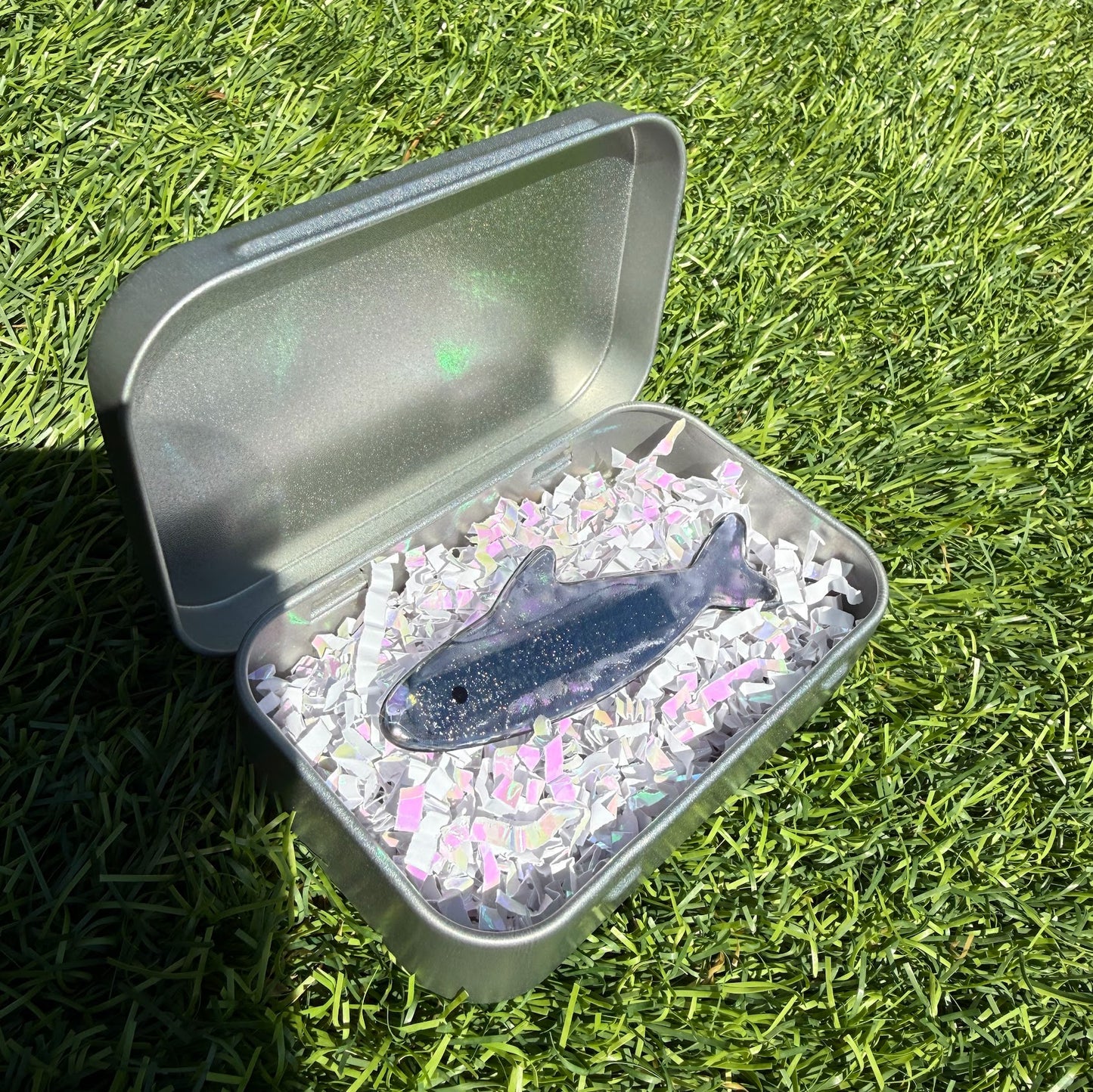 Handmade Stained Glass Sardine Hair Clip with Metal Tin! Choose 1 Single Sardine!