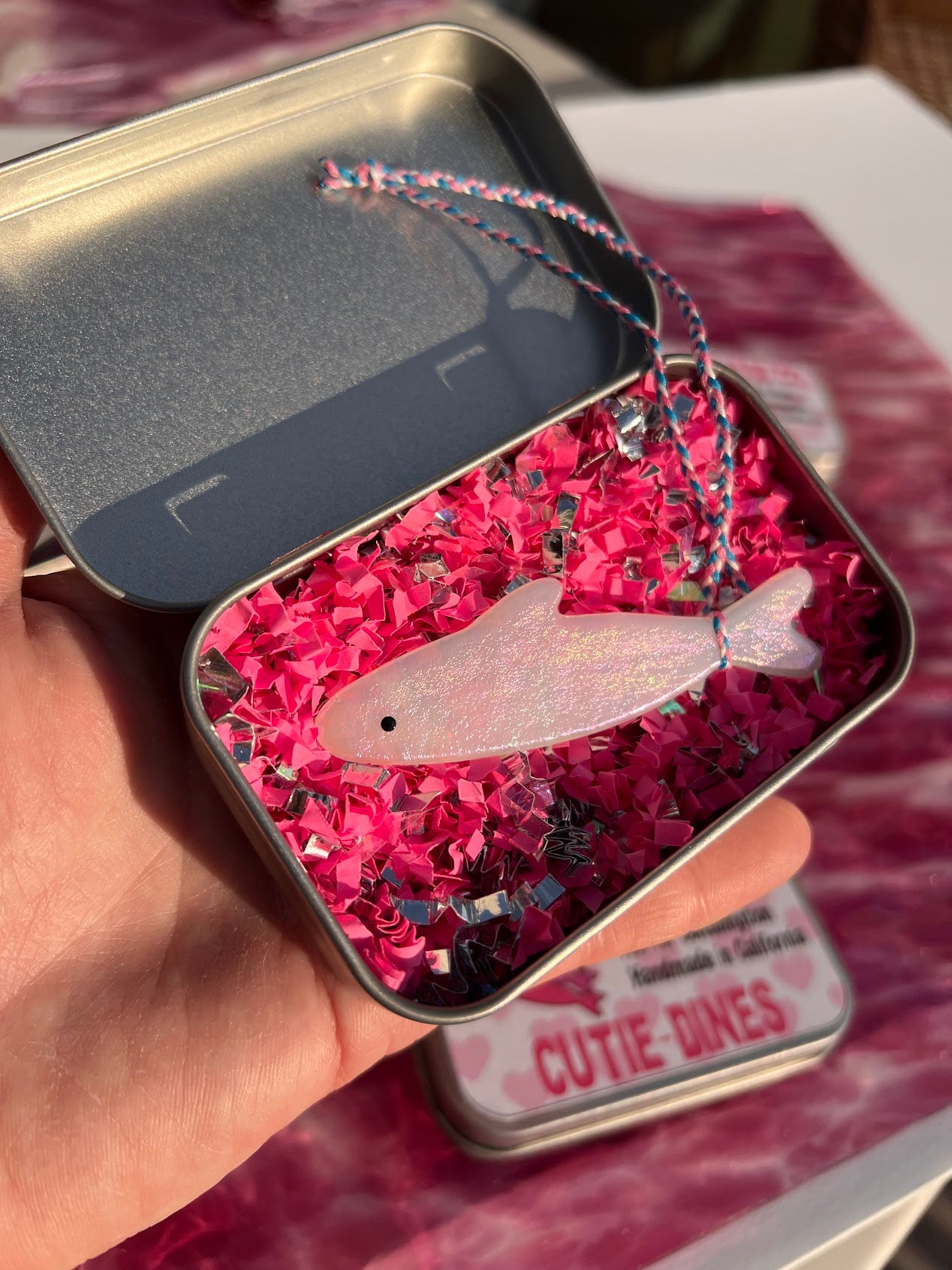 Handmade Stained Glass Valentine's Day Sardine Suncatcher w/Metal Tin! Choose from 1 Single Pearly White, Baby Pink, Ruby Red or the 3-pack!