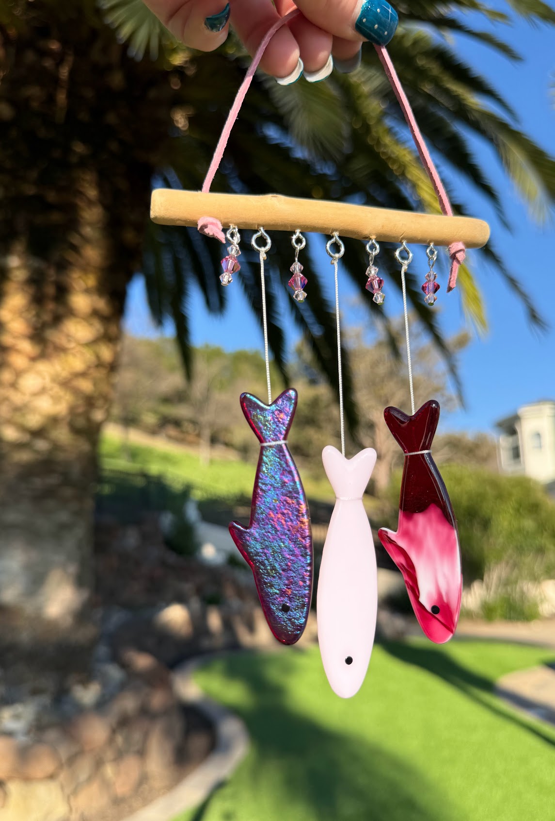 Stained Glass Sardine Wind Chime Coastal Sun Catcher, Handmade Glass Hanging Art, Sunrise Pink