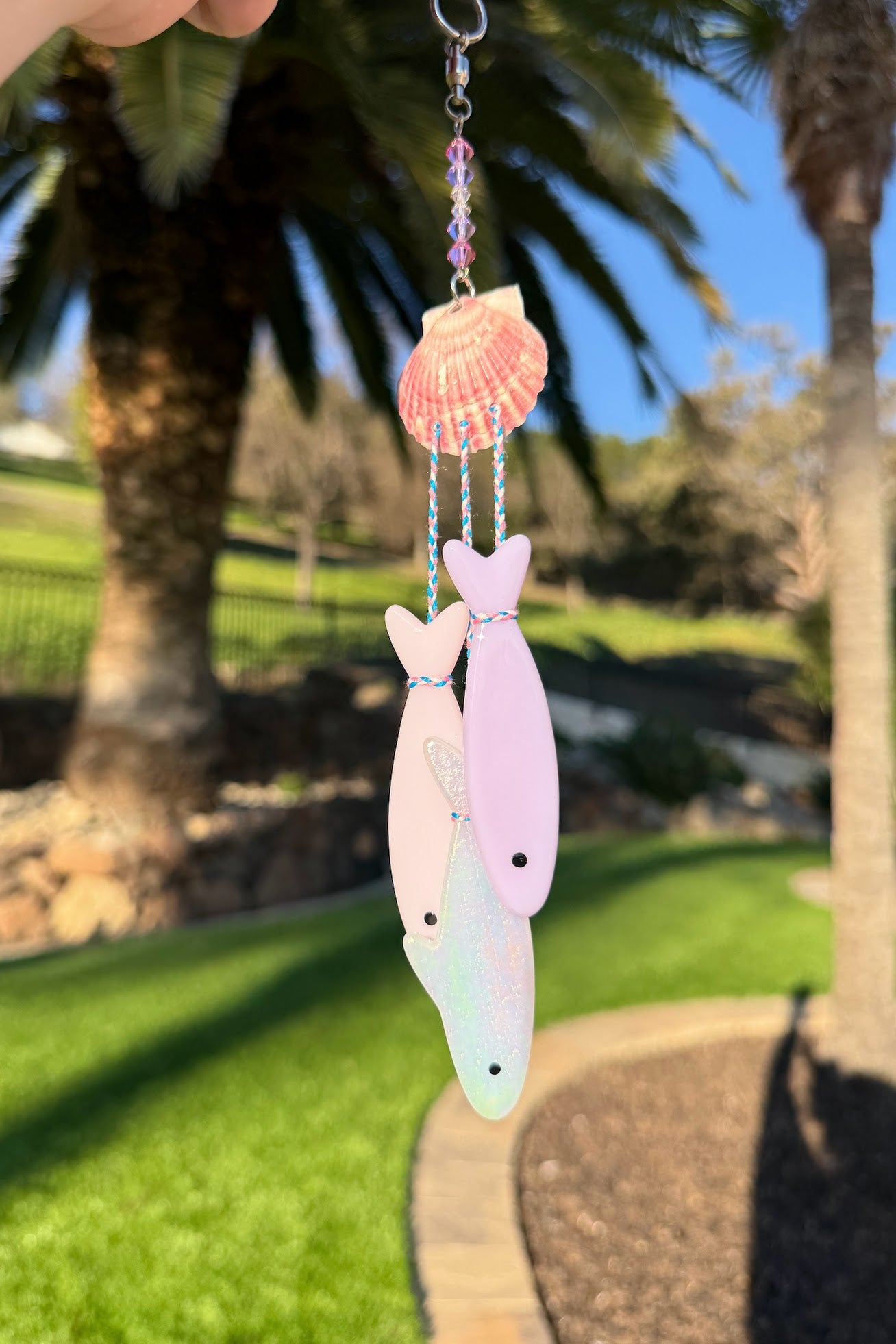 One of One! Stained Glass Sardine Wind Chime Coastal Sun Catcher, Handmade Glass Hanging Art, Pink Shell