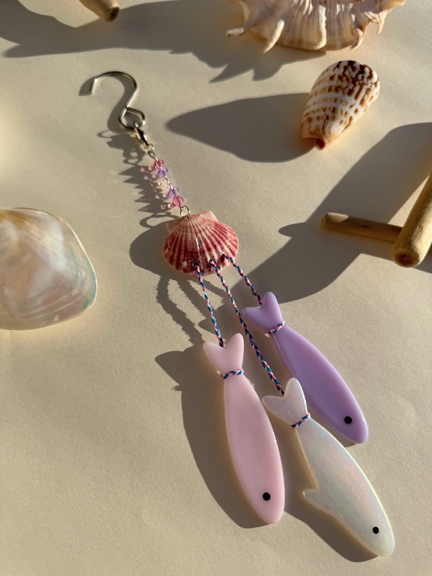 One of One! Stained Glass Sardine Wind Chime Coastal Sun Catcher, Handmade Glass Hanging Art, Pink Shell