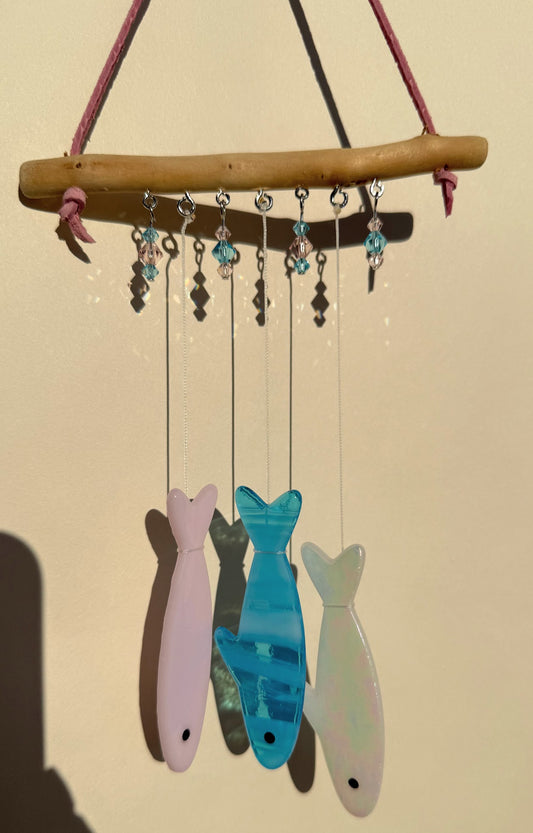 One of One! Stained Glass Sardine Wind Chime Coastal Sun Catcher, Handmade Glass Hanging Art, Prideful