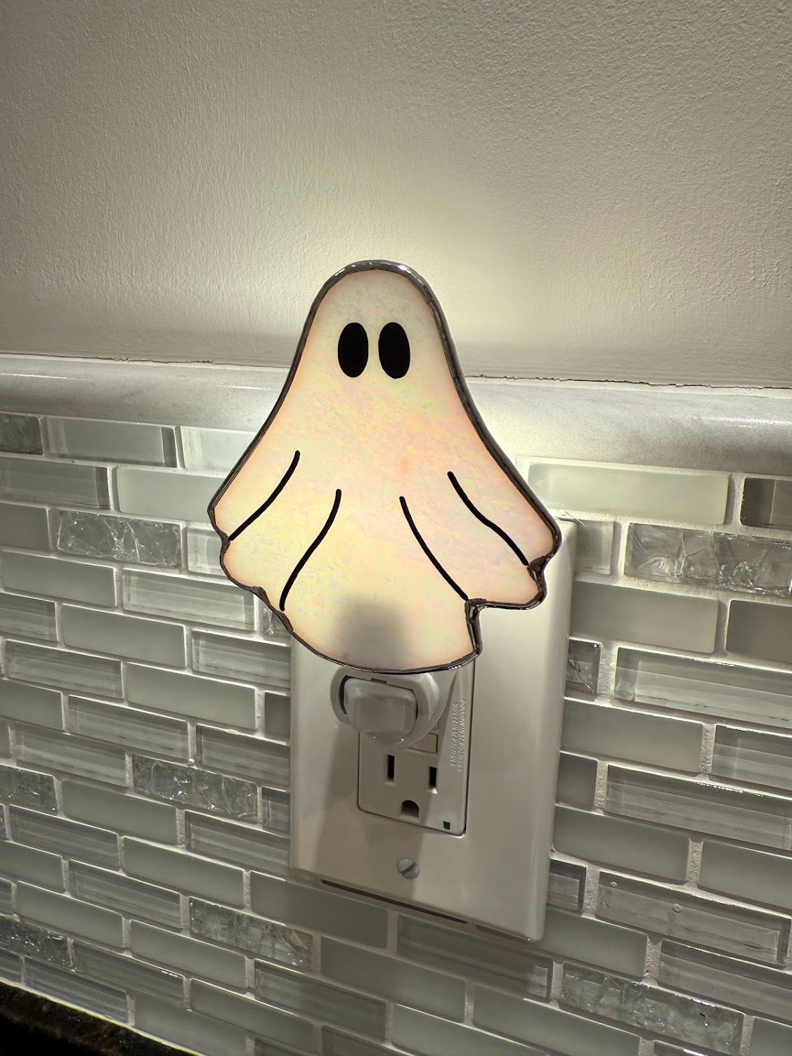 Stained Glass Ghost Night Light! Choose between White or Flickering Orange Light! So cute! Made with Pearly White Stained Glass!